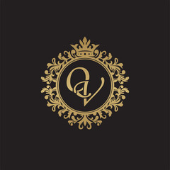 Initial letter QV, overlapping monogram logo, decorative ornament badge, elegant luxury golden color