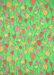 Vertical card with cute cartoon colored flowers, tulips.