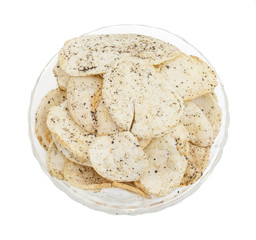 Indian Spicy Potato Chips Also know as Aloo Papri, Aloo Papdi, Alu Papdi, Wafer and Aloo Chips isolated on White Background