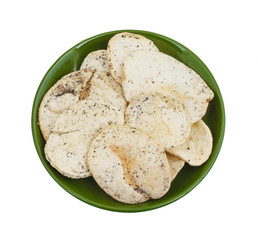 Indian Spicy Potato Chips Also know as Aloo Papri, Aloo Papdi, Alu Papdi, Wafer and Aloo Chips isolated on White Background