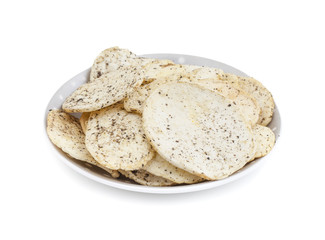 Indian Spicy Potato Chips Also know as Aloo Papri, Aloo Papdi, Alu Papdi, Wafer and Aloo Chips isolated on White Background