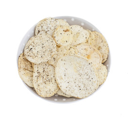 Indian Spicy Potato Chips Also know as Aloo Papri, Aloo Papdi, Alu Papdi, Wafer and Aloo Chips isolated on White Background