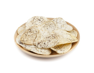 Indian Spicy Potato Chips Also know as Aloo Papri, Aloo Papdi, Alu Papdi, Wafer and Aloo Chips isolated on White Background