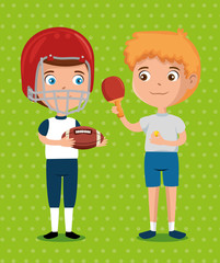 little boys practicing sports happy characters vector illustration design