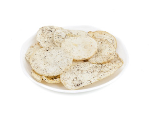 Indian Spicy Potato Chips Also know as Aloo Papri, Aloo Papdi, Alu Papdi, Wafer and Aloo Chips isolated on White Background