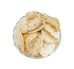 Indian Spicy Potato Chips Also know as Aloo Papri, Aloo Papdi, Alu Papdi, Wafer and Aloo Chips isolated on White Background