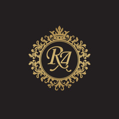 Initial letter RA, overlapping monogram logo, decorative ornament badge, elegant luxury golden color