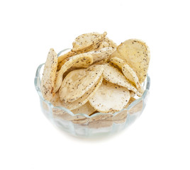 Indian Spicy Potato Chips Also know as Aloo Papri, Aloo Papdi, Alu Papdi, Wafer and Aloo Chips isolated on White Background