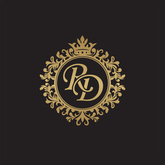 Initial letter RD, overlapping monogram logo, decorative ornament badge, elegant luxury golden color