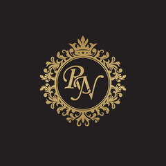 Fototapeta na wymiar Initial letter RN, overlapping monogram logo, decorative ornament badge, elegant luxury golden color