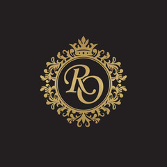Initial letter RO, overlapping monogram logo, decorative ornament badge, elegant luxury golden color