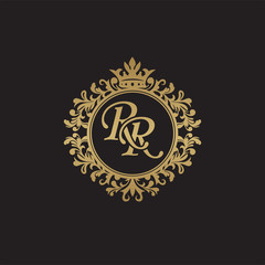 Initial letter RR, overlapping monogram logo, decorative ornament badge, elegant luxury golden color