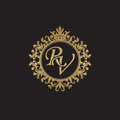 Initial letter RV, overlapping monogram logo, decorative ornament badge, elegant luxury golden color