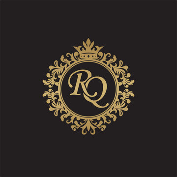 Initial letter RQ, overlapping monogram logo, decorative ornament badge, elegant luxury golden color