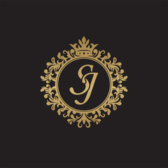 Initial letter SJ, overlapping monogram logo, decorative ornament badge, elegant luxury golden color