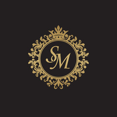 Initial letter SM, overlapping monogram logo, decorative ornament badge, elegant luxury golden color