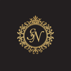 Initial letter SN, overlapping monogram logo, decorative ornament badge, elegant luxury golden color