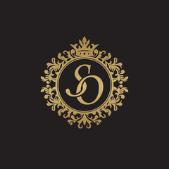 Initial letter SO, overlapping monogram logo, decorative ornament badge, elegant luxury golden color
