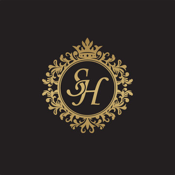 Initial letter SH, overlapping monogram logo, decorative ornament badge, elegant luxury golden color
