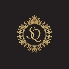 Initial letter SQ, overlapping monogram logo, decorative ornament badge, elegant luxury golden color