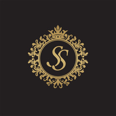 Initial letter SS, overlapping monogram logo, decorative ornament badge, elegant luxury golden color