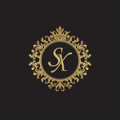 Initial letter SX, overlapping monogram logo, decorative ornament badge, elegant luxury golden color