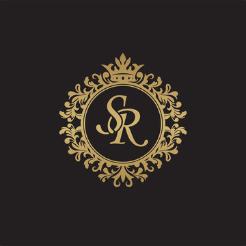 Initial letter SR, overlapping monogram logo, decorative ornament badge, elegant luxury golden color