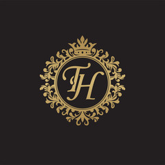 Fototapeta na wymiar Initial letter TH, overlapping monogram logo, decorative ornament badge, elegant luxury golden color