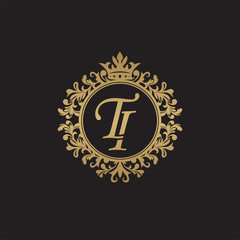 Initial letter TI, overlapping monogram logo, decorative ornament badge, elegant luxury golden color