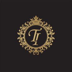 Fototapeta premium Initial letter TI, overlapping monogram logo, decorative ornament badge, elegant luxury golden color