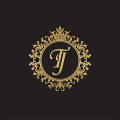 Fototapeta na wymiar Initial letter TJ, overlapping monogram logo, decorative ornament badge, elegant luxury golden color