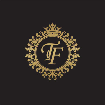 Initial letter TF, overlapping monogram logo, decorative ornament badge, elegant luxury golden color