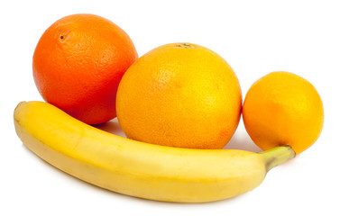 grapefruit and bananas isolated on white background