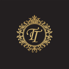 Initial letter TT, overlapping monogram logo, decorative ornament badge, elegant luxury golden color
