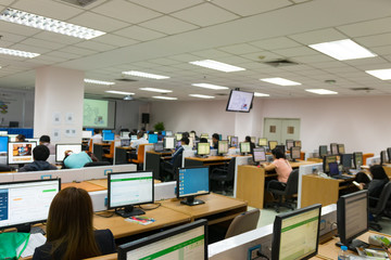 Abstract blur people meeting in seminar room, education or training concept, notebook computer laptop, professional, classroom, trainee, trainer