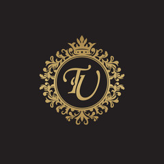 Initial letter TU, overlapping monogram logo, decorative ornament badge, elegant luxury golden color