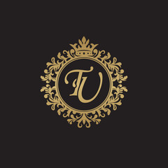 Naklejka premium Initial letter TU, overlapping monogram logo, decorative ornament badge, elegant luxury golden color