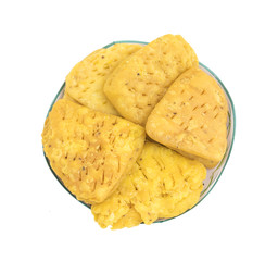 Indian Bakery Food called as Khari Snack, Khari Biscuit or Jeera Khari, Indian Tea Time Snack isolated on white background