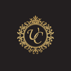 Fototapeta na wymiar Initial letter UC, overlapping monogram logo, decorative ornament badge, elegant luxury golden color