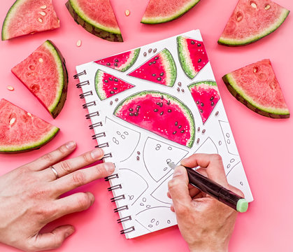 drawing a bright watermelon sketch with markers on pink background