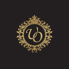 Initial letter UO, overlapping monogram logo, decorative ornament badge, elegant luxury golden color