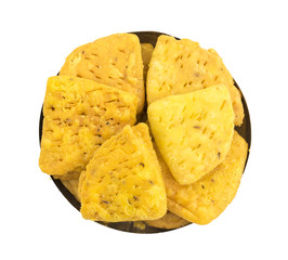 Indian Bakery Food called as Khari Snack, Khari Biscuit or Jeera Khari, Indian Tea Time Snack isolated on white background
