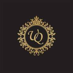 Initial letter UQ, overlapping monogram logo, decorative ornament badge, elegant luxury golden color