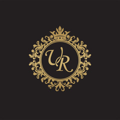 Initial letter UR, overlapping monogram logo, decorative ornament badge, elegant luxury golden color
