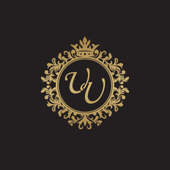 Initial letter UU, overlapping monogram logo, decorative ornament badge, elegant luxury golden color