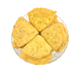 Indian Bakery Food called as Khari Snack, Khari Biscuit or Jeera Khari, Indian Tea Time Snack isolated on white background