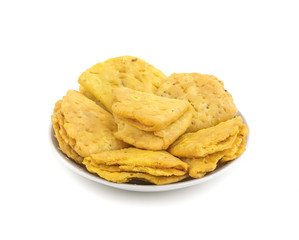 Indian Bakery Food called as Khari Snack, Khari Biscuit or Jeera Khari, Indian Tea Time Snack isolated on white background
