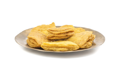 Indian Bakery Food called as Khari Snack, Khari Biscuit or Jeera Khari, Indian Tea Time Snack isolated on white background
