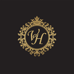 Fototapeta na wymiar Initial letter VH, overlapping monogram logo, decorative ornament badge, elegant luxury golden color