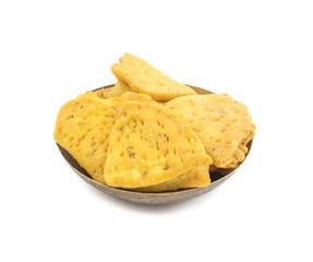 Indian Bakery Food called as Khari Snack, Khari Biscuit or Jeera Khari, Indian Tea Time Snack isolated on white background